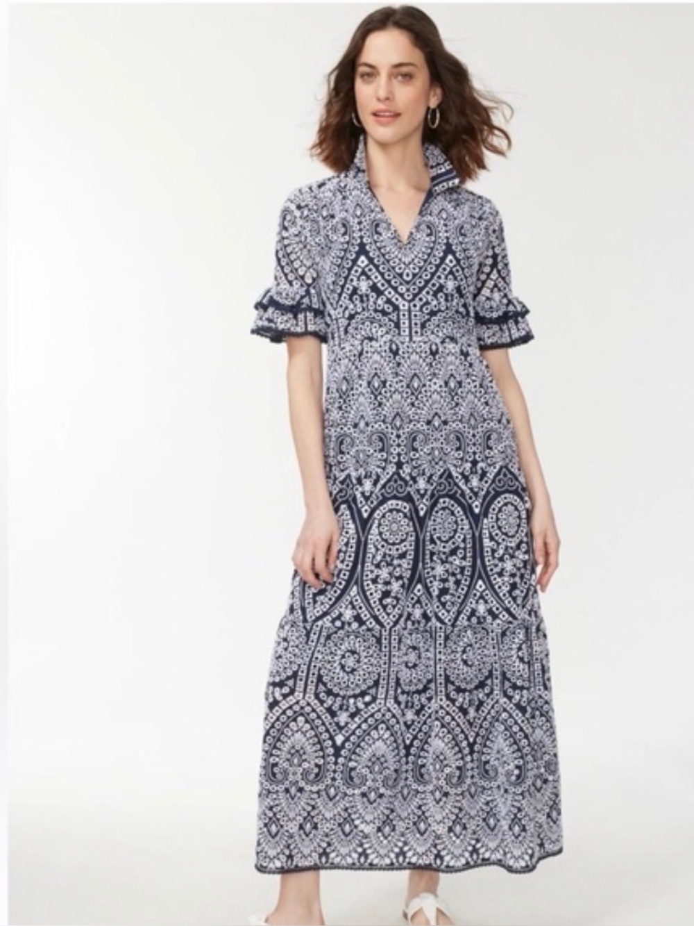 Chico's Blue and White Tiered Eyelet lace Maxi Dress Size 8 (1)